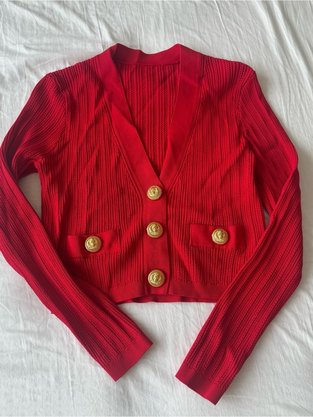 Red knit cardigan